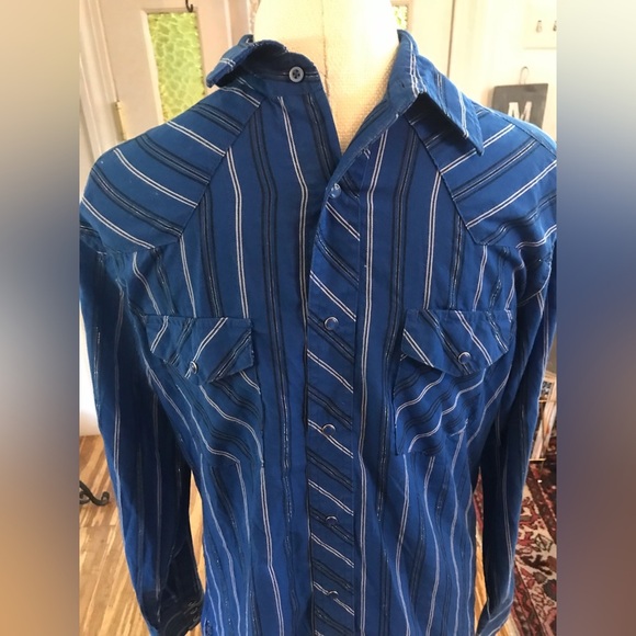 Vintage Wrangler Western Dress Blue Pearl Snaps Long Sleeve Shirt - Picture 6 of 7